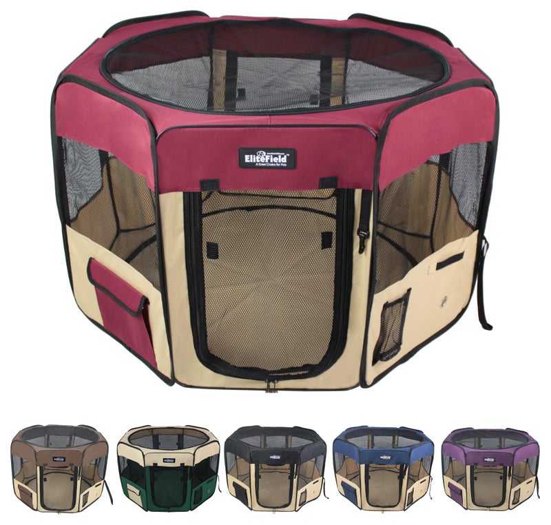 EliteField 2-Door Soft Pet Playpen (2 Year Warranty), Exercise Pen, Multiple Sizes and Colors Available for Dogs, Cats and Other Pets (30" x 30" x 20"H, Maroon+Beige) - Image 1